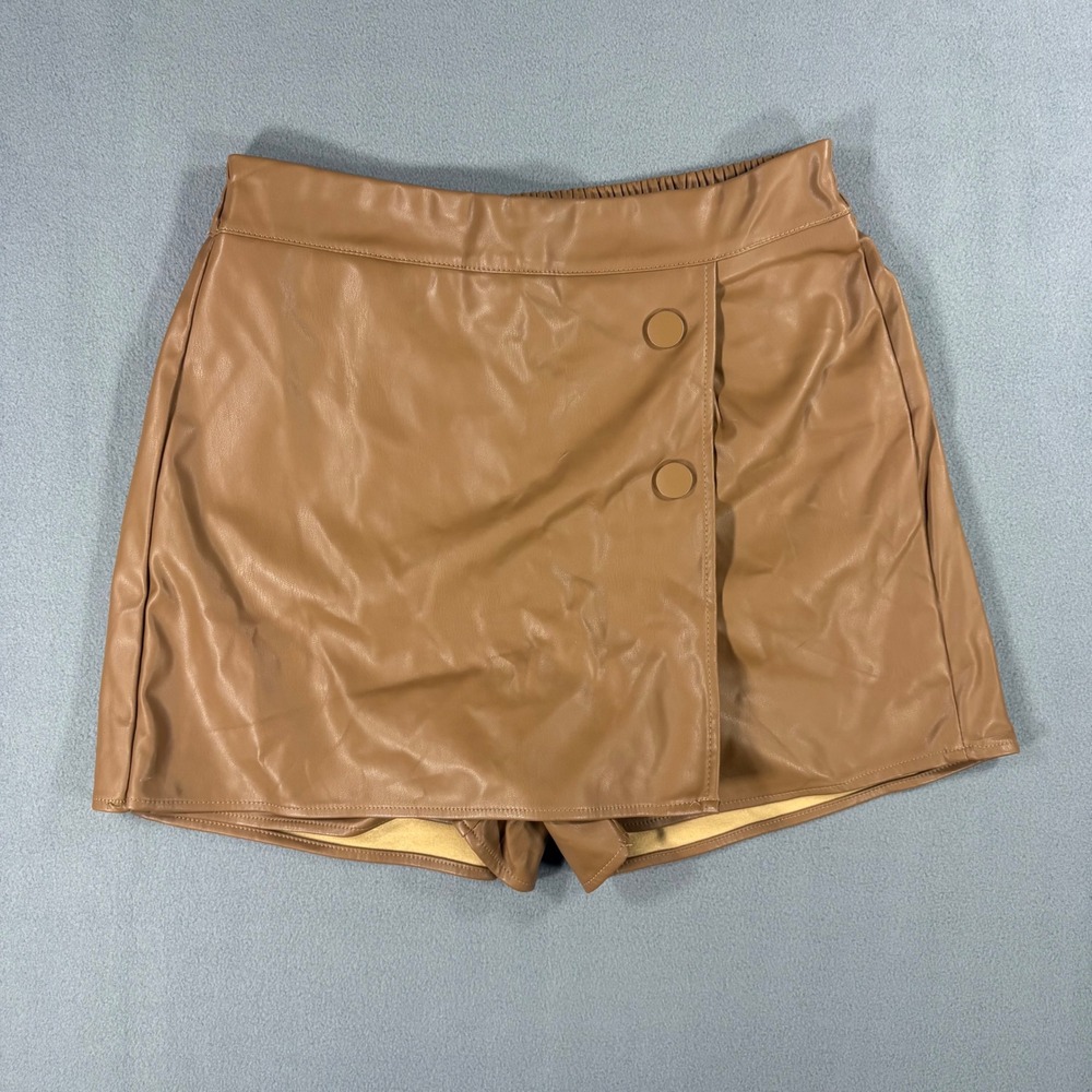 Promesa Faux Leather Skort Women S Brown Excellent Wrap Front Elastic Waist